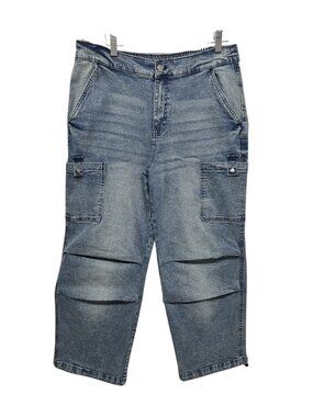 High Rise Straight Leg Cargo Jeans Cropped Elastic Waist Toggle Hem Utility